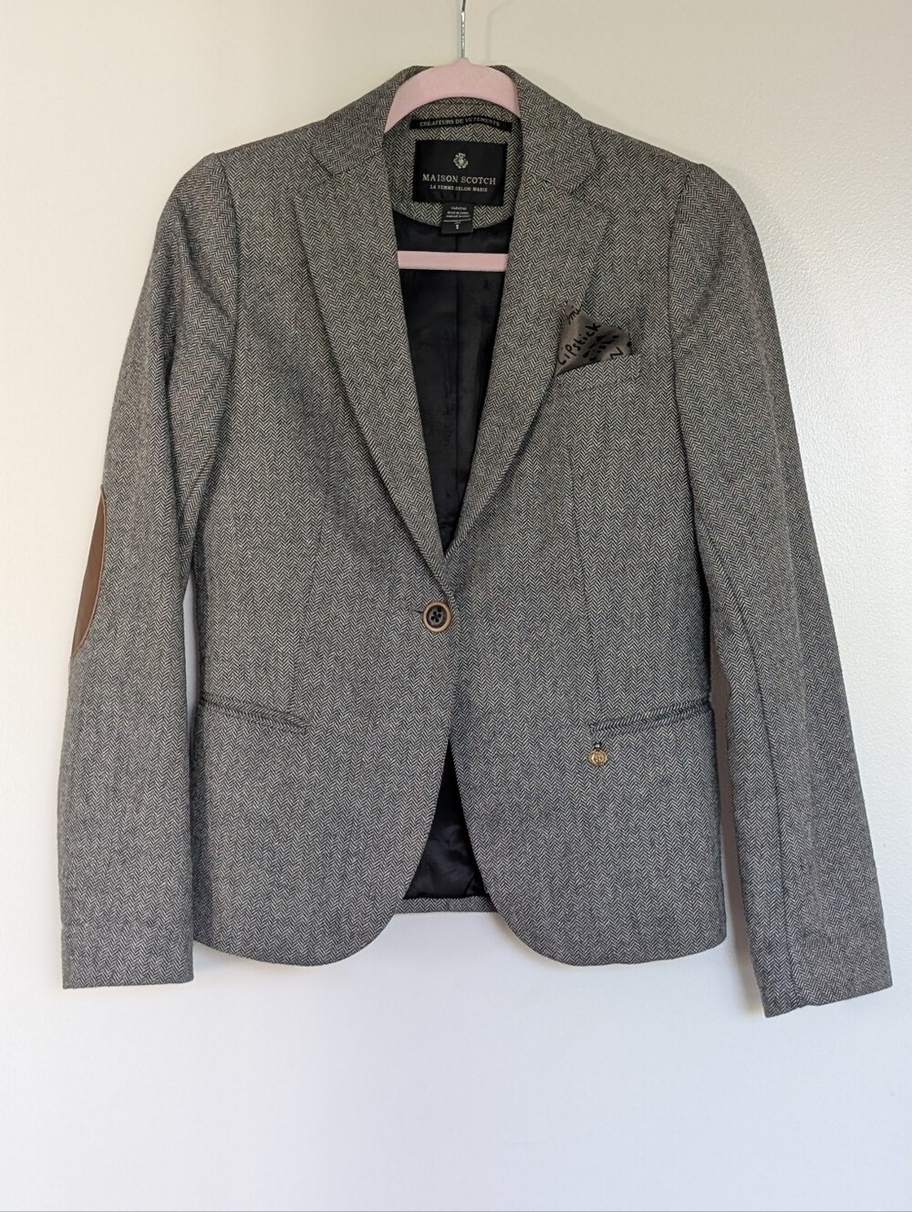 Maison Scotch Gray Herringbone Tweed Blazer Elbow Patches Size 1 Small